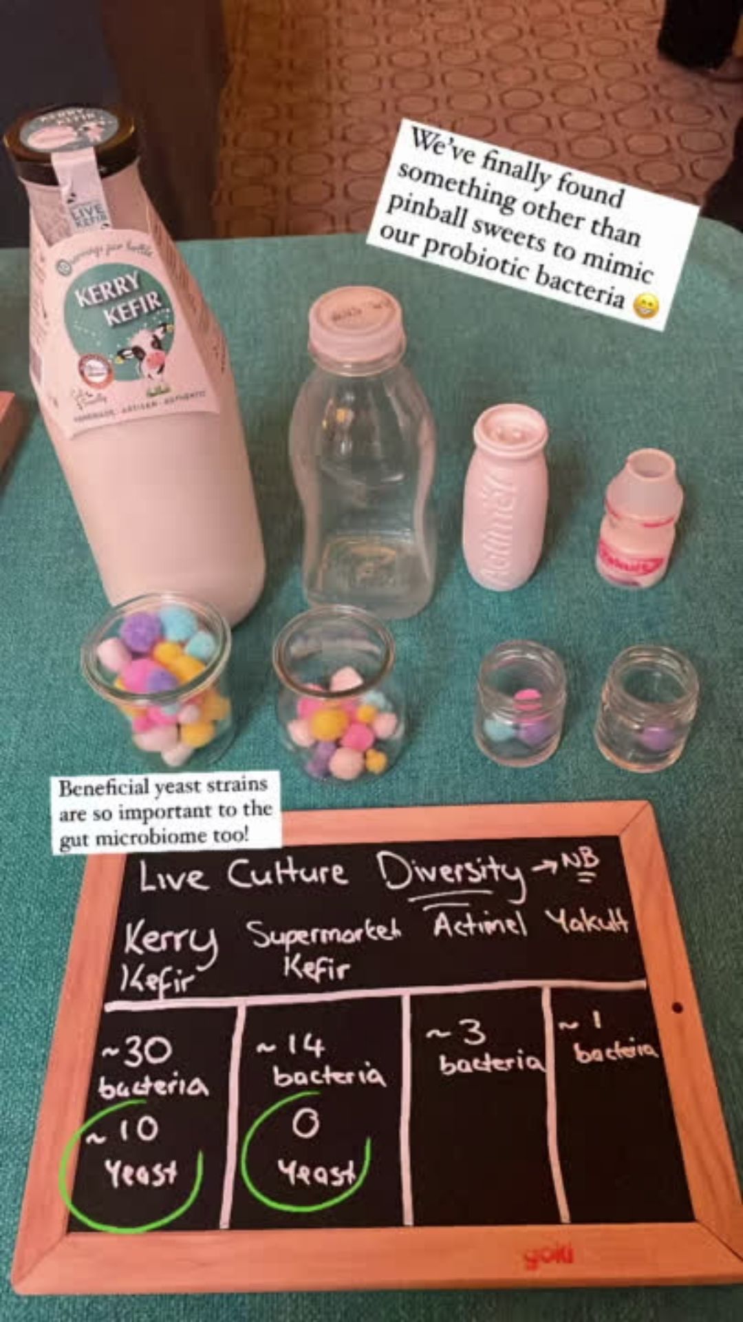 Comparison of good bacteria and yeast strains in traditional kefir (30 bacteria, 10 yeast), like Kerry kefir, compared to supermarket kefir (14 bacteria), Actimel (3 bacteria) and Yakult (1 bacteria)