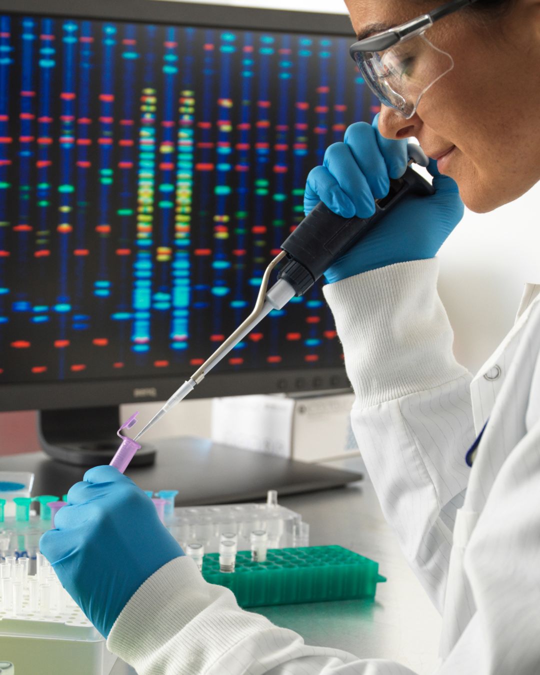 A scientist in a laboratory, pipetting a sample with a focus on the micro-pipette tip, with a background of colorful DNA sequencing data on a screen. The scientist wears blue gloves, goggles, and a lab coat, illustrating a professional setting for genetic analysis of Kerry Kefir DNA.